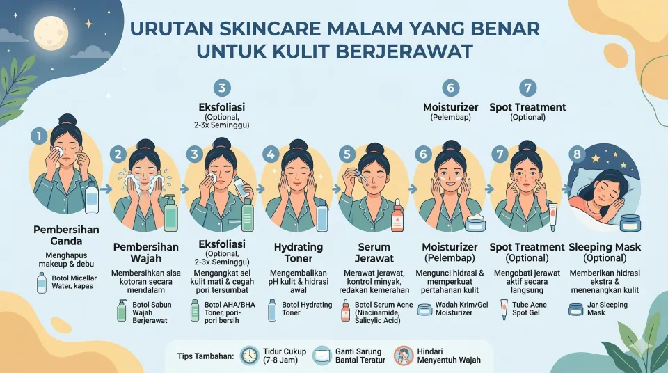 Urutan Skincare Malam yang Benar untuk Kulit Berjerawat